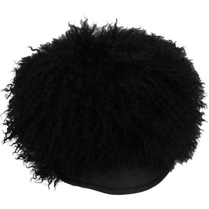 Dolce Gabbana lamb fur Gatsby hat featuring luxurious black Tibet lamb fur and leather design.