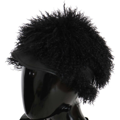 Dolce Gabbana lamb fur Gatsby hat in black with lamb fur and leather, stylish headwear made in Italy.
