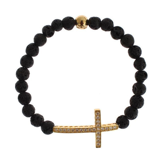 Nialaya Lava Stone Gold Clear CZ Cross 925 Silver Bracelet 1728,67345645728,Accessories,Black,Bracelets - Jewellery - Accessories,Bracelets - Women - Jewelry,Category - Jewellery,Jewellery - Accessories,Jewelry,Material: Gold plated 925 Sterling Silver,Me