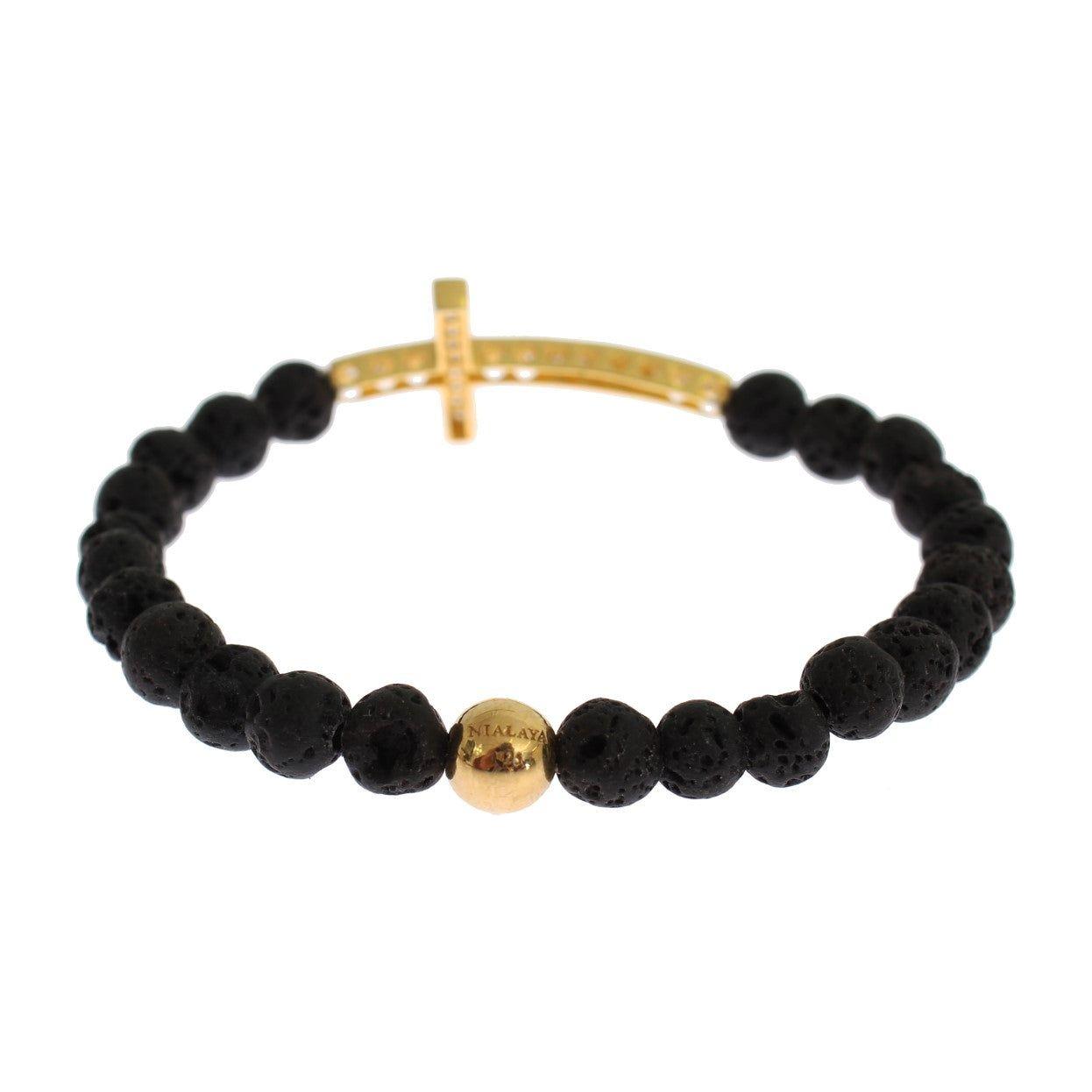 Nialaya Lava Stone Gold Clear CZ Cross 925 Silver Bracelet