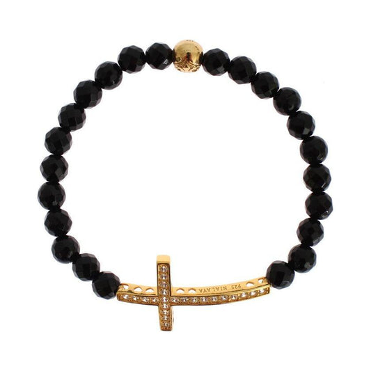 Nialaya Agate Stone Gold CZ Cross 925 Silver Bracelet 1728,67345645728,Accessories,Black,Bracelets - Jewellery - Accessories,Bracelets - Women - Jewelry,Category - Jewellery,Jewellery - Accessories,Jewelry,M,Material: Gold plated 925 Sterling Silver,Men,N