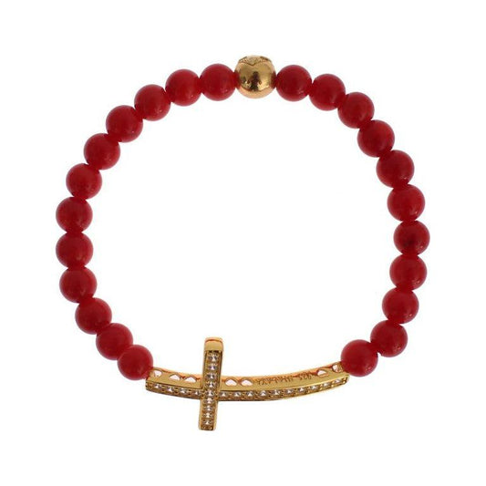 Nialaya Red Coral Gold CZ Cross 925 Silver Bracelet 1728,67345645728,Accessories,Bracelets - Jewellery - Accessories,Bracelets - Women - Jewelry,Category - Jewellery,CZ Diamond cross.,Jewellery - Accessories,Jewelry,M,Material: Gold plated 925 Sterling Si