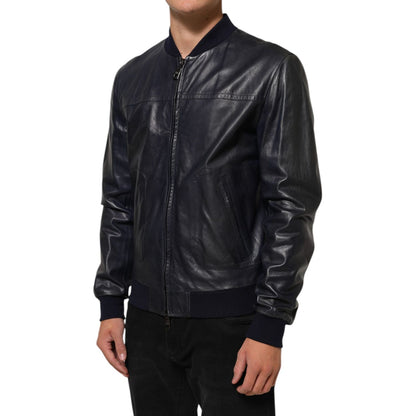 Dolce & Gabbana Blue Leather Full Zip Biker Blouson Jacket