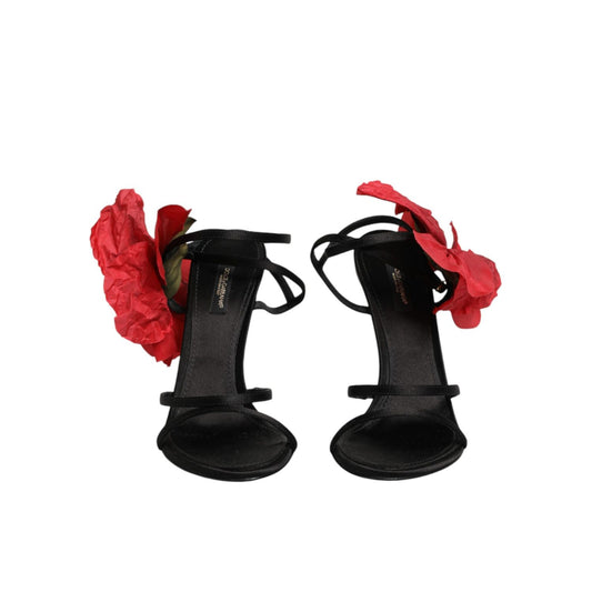 Dolce & Gabbana Black Leather Strappy Flower Heels Sandals  Shoes