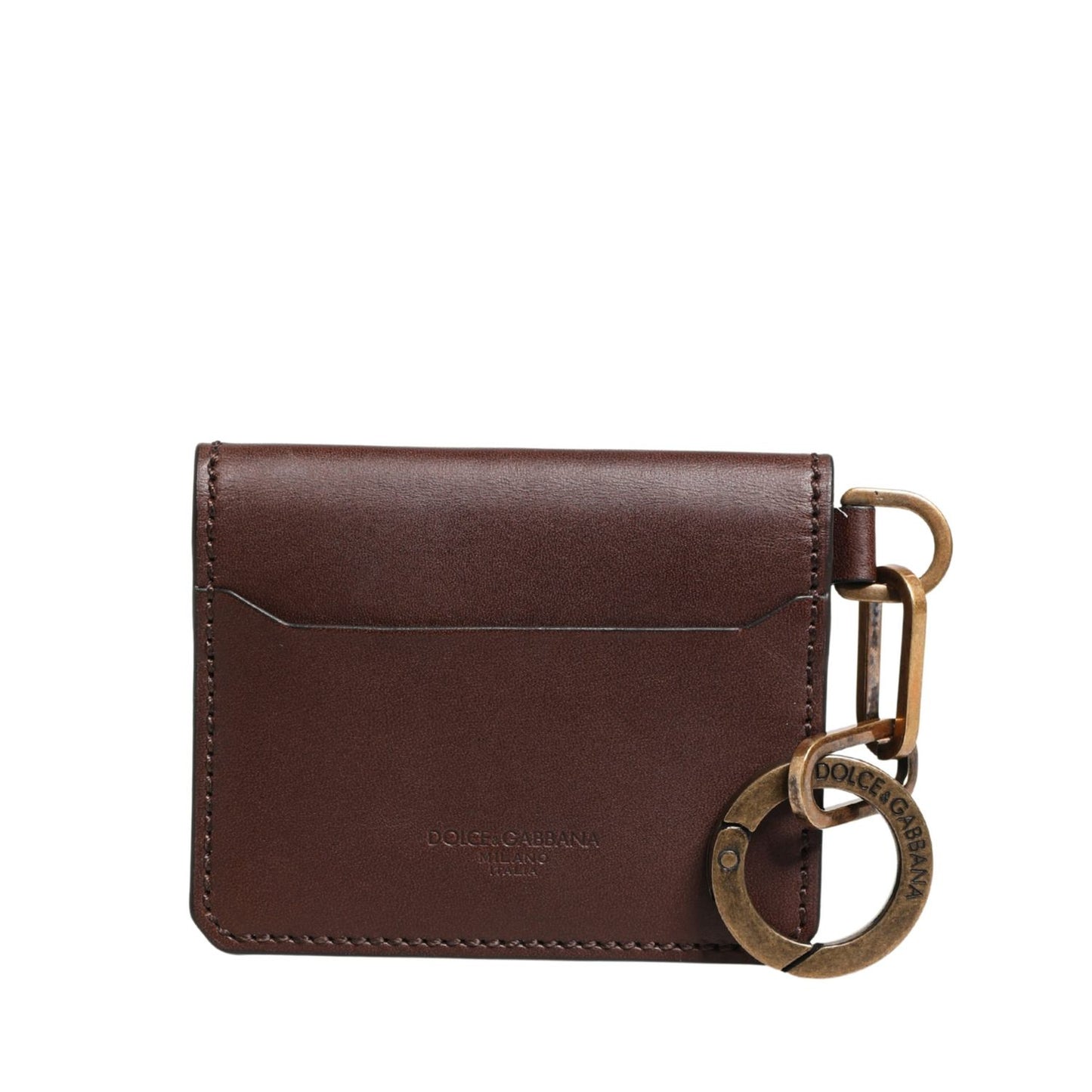Dolce & Gabbana Brown Leather Logo Embossed Key Chain Card Holder Wallet