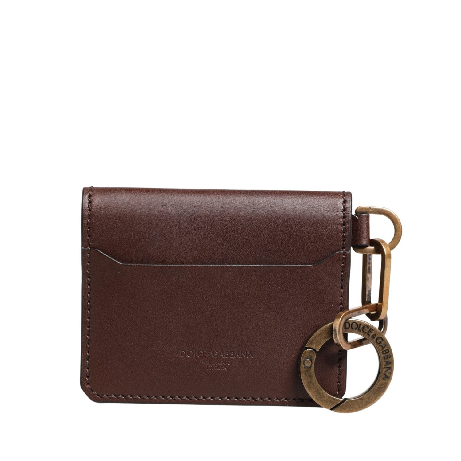 Dolce & Gabbana Brown Leather Logo Embossed Key Chain Card Holder Wallet