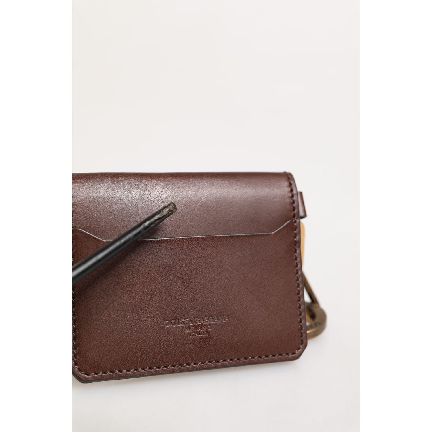 Dolce & Gabbana Brown Leather Logo Embossed Key Chain Card Holder Wallet