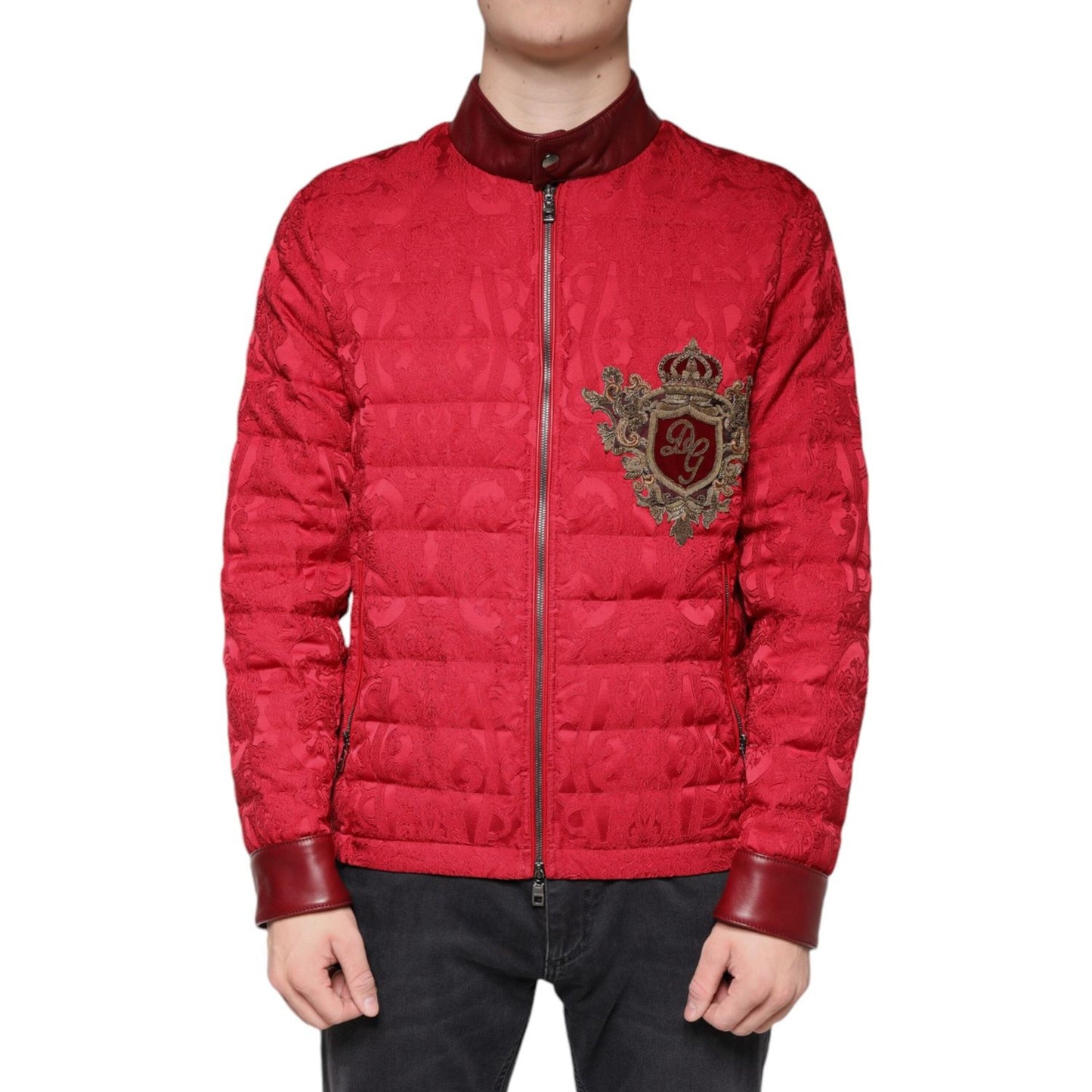 Dolce & Gabbana Red Quilted Bomber Gold Crown Logo Jacket TSH7883-52