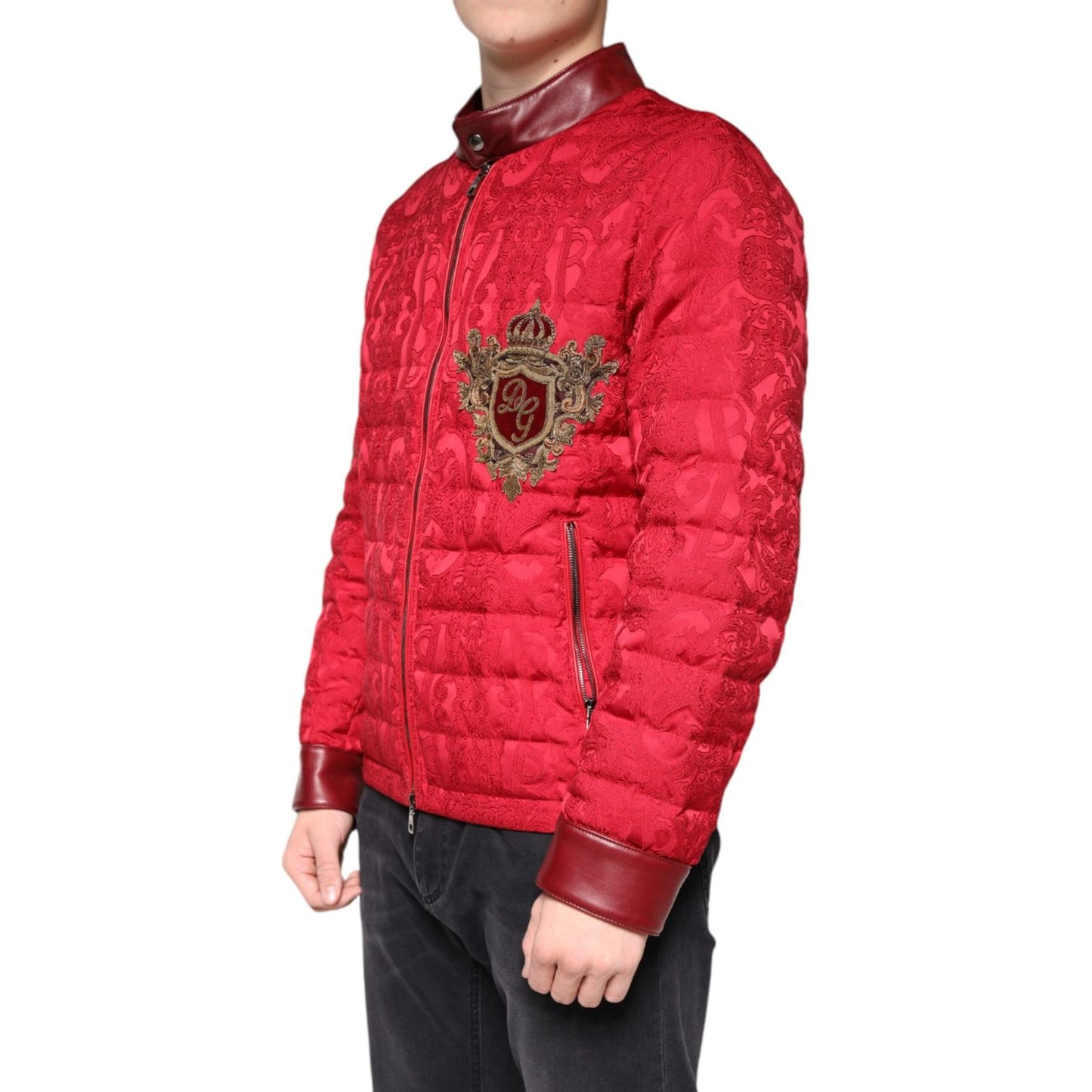 Dolce & Gabbana Red Quilted Bomber Gold Crown Logo Jacket TSH7883-52