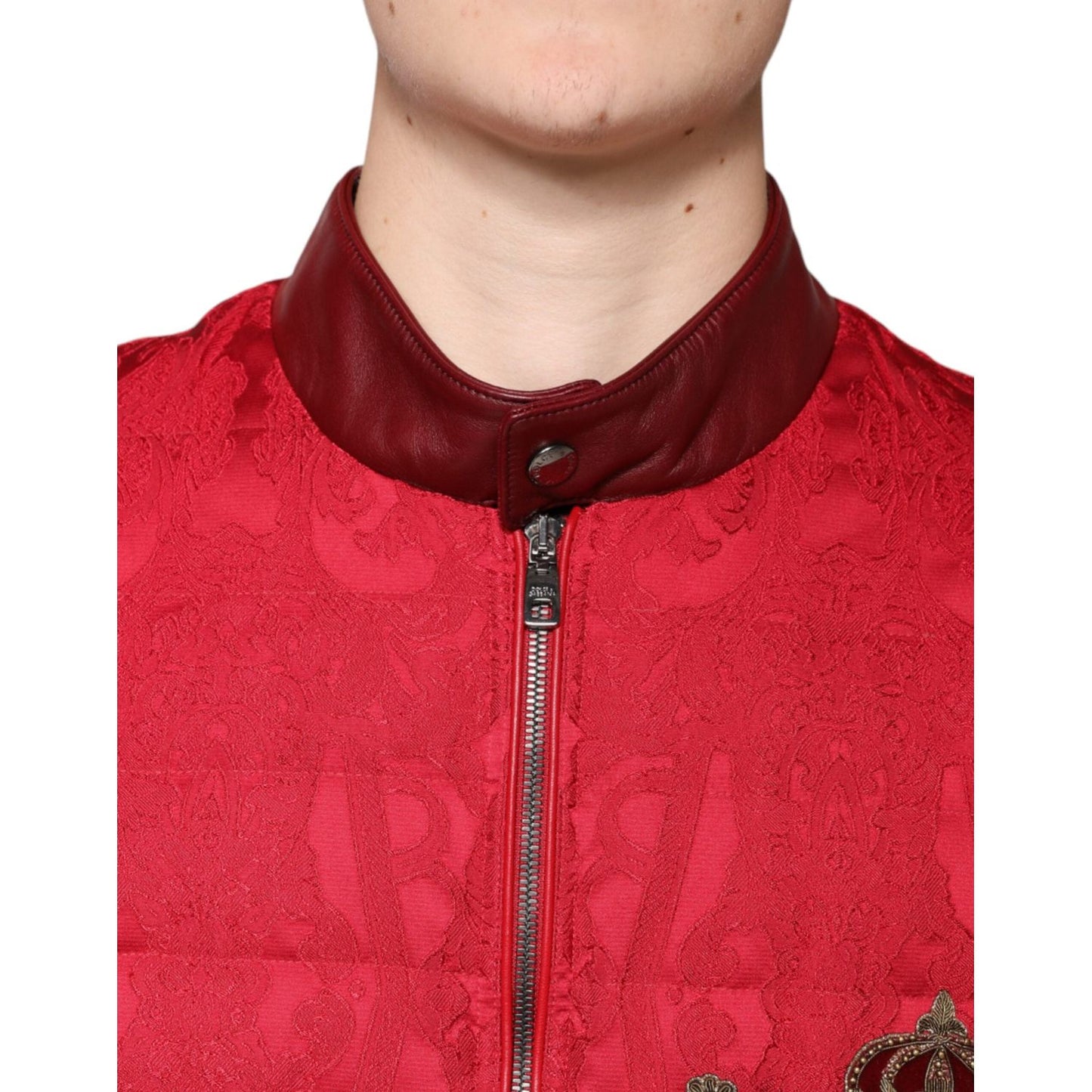 Dolce & Gabbana Red Quilted Bomber Gold Crown Logo Jacket TSH7883-52